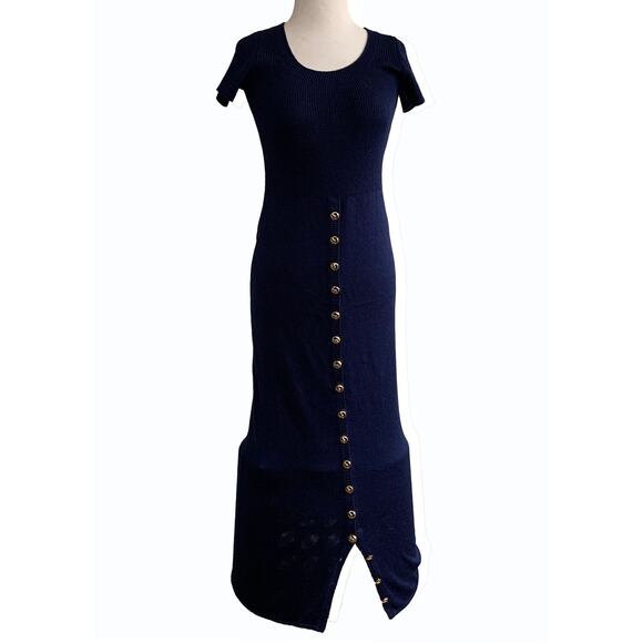 St John Knits Maxi Long Dress Button Up Navy Blue Short Sleeve Size XS - Picture 1 of 4